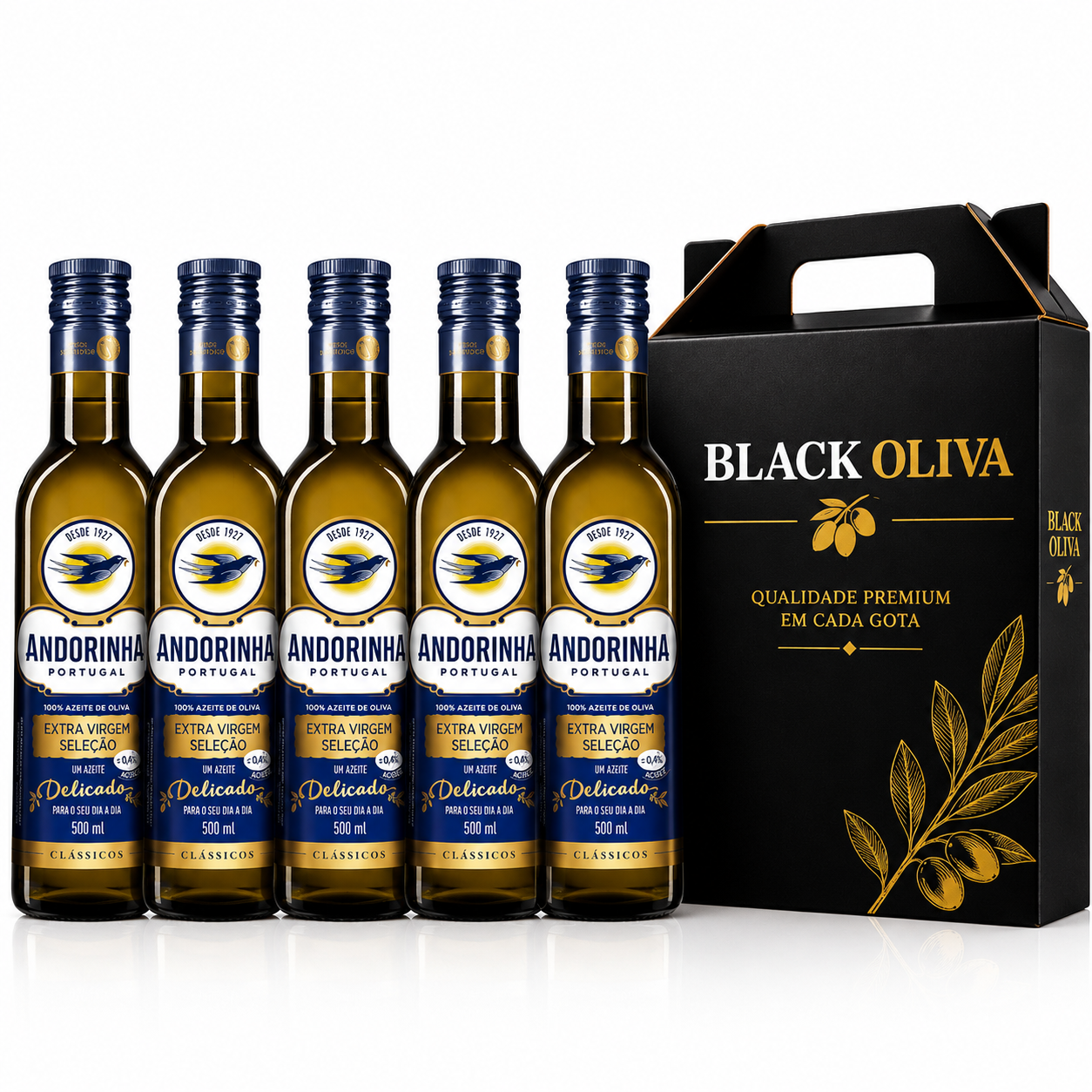 Kit com 5 azeites Andorinha Extra Virgem Seleção 500ml e caixa Black Oliva