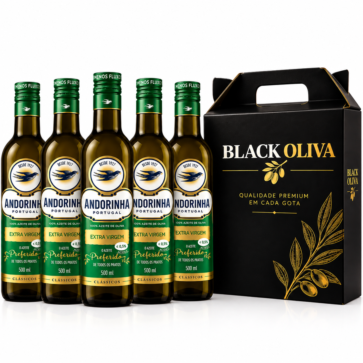 Kit com 5 garrafas de azeite de oliva Andorinha Original Português 500ml e caixa Black Oliva