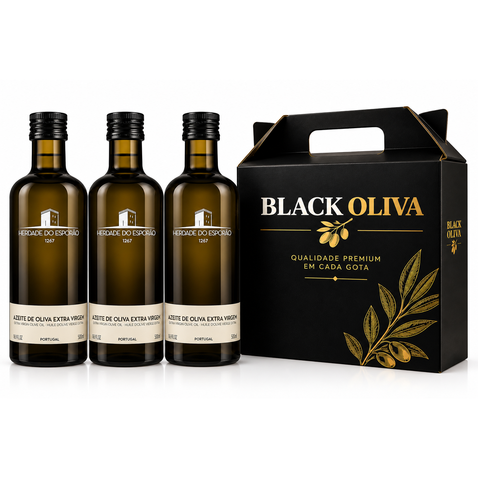 Kit com 3 azeites Herdade do Esporão 500ml e caixa Black Oliva