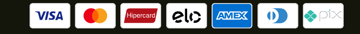 VISA, Mastercard, Hipercard, Elo, American Express, Diners Club e PIX