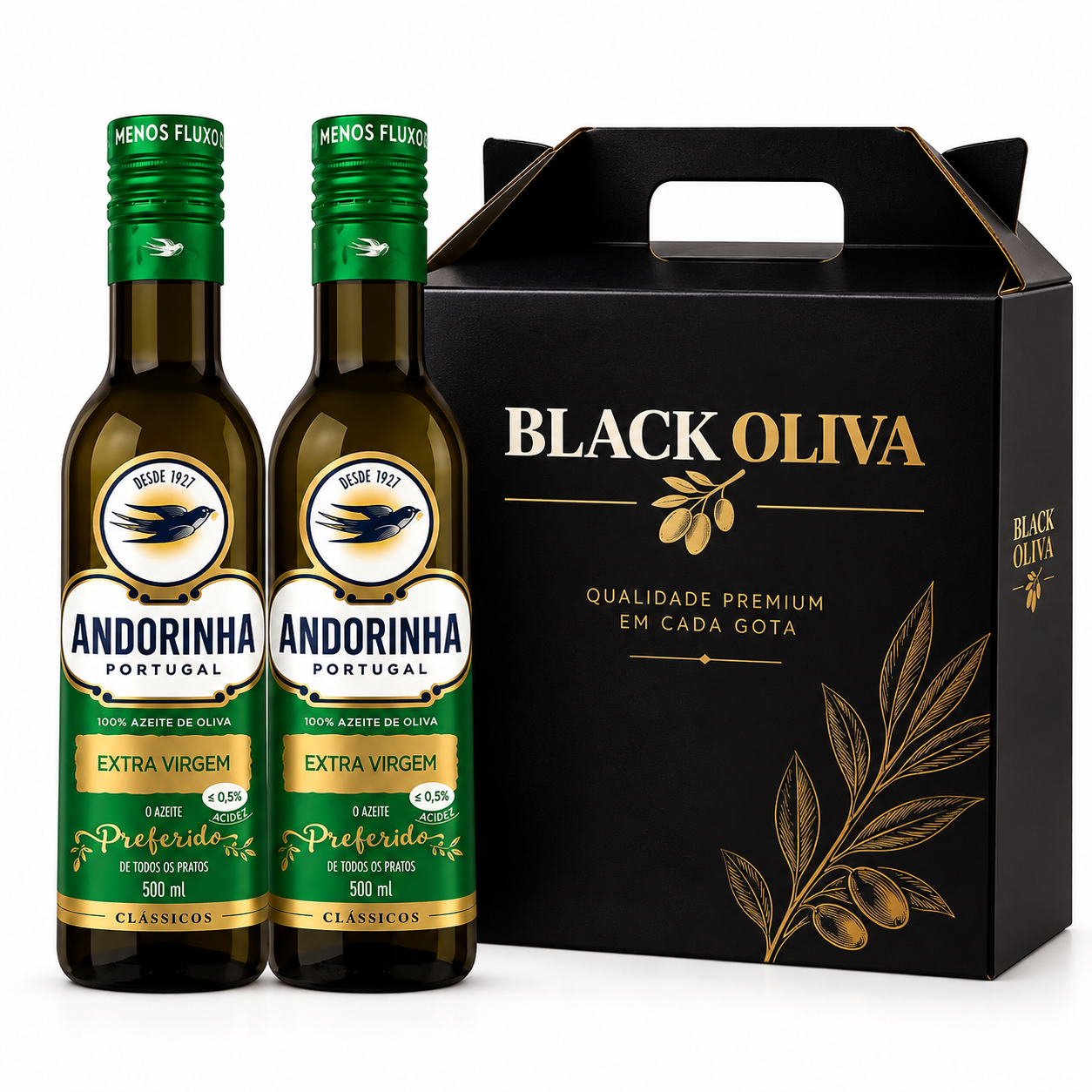 Kit com 2 azeites Andorinha 500ml e caixa Black Oliva