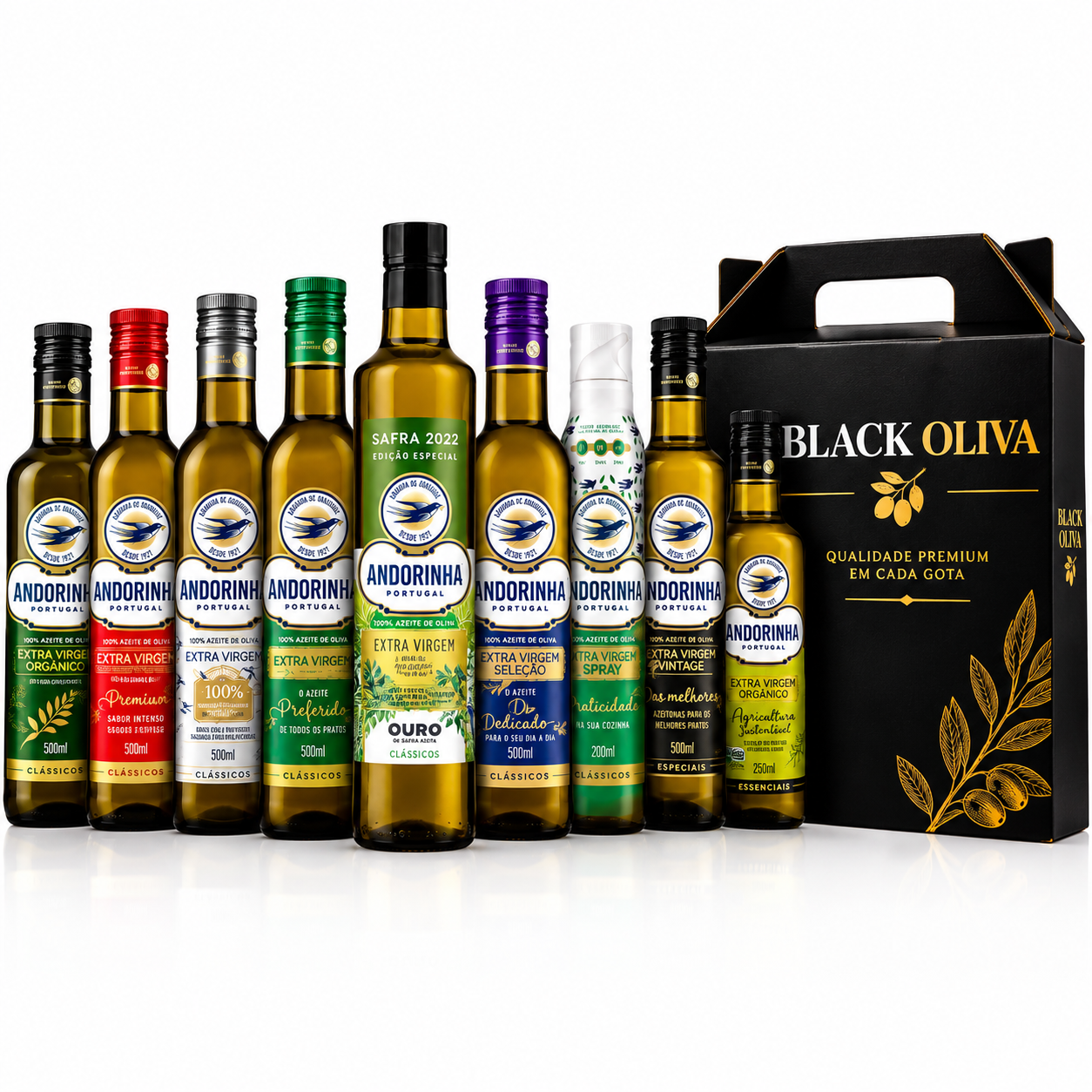 Kit com 9 azeites de oliva extra virgem Andorinha e caixa Black Oliva